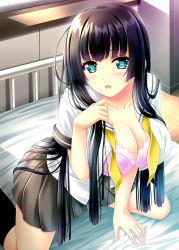 Rule 34 | 1girl, akino shin, bed sheet, black hair, black skirt, black socks, blush, bra, breasts, cleavage, collarbone, commentary request, dress shirt, fingernails, green eyes, hand up, highres, indoors, kneehighs, kneeling, large breasts, long hair, looking at viewer, nail polish, neck ribbon, open clothes, open shirt, original, parted lips, pink bra, pink nails, pleated skirt, sailor collar, school uniform, serafuku, shirt, skirt, socks, solo, underwear, undone neck ribbon, very long hair, white sailor collar, white shirt, wooden floor, yellow neckwear