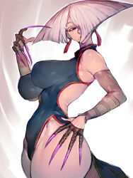 Rule 34 | 1girl, a.k.i. (street fighter), alternate breast size, breasts, china dress, chinese clothes, claw (weapon), cropped legs, dress, earrings, from side, fumio (rsqkr), hair over one eye, highres, jewelry, large breasts, pelvic curtain, red eyes, short hair, side slit, sideboob, sleeveless, sleeveless dress, solo, street fighter, street fighter 6, tassel, tassel earrings, tongue, tongue out, weapon, white hair, wide hips