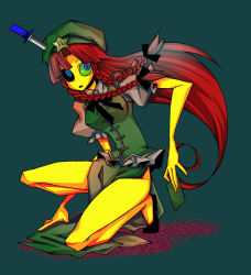 Rule 34 | 1girl, bad id, bad pixiv id, card, female focus, hat, holding, holding card, hong meiling, knife, long hair, red hair, senmu (0107), solo, throwing knife, touhou, weapon