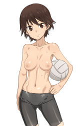 Rule 34 | 10s, 1girl, ball, bike shorts, black eyes, black hair, black shorts, breasts, brown eyes, brown hair, collarbone, eyebrows, girls und panzer, hair between eyes, hand on own hip, holding, holding ball, isobe noriko, looking at viewer, matching hair/eyes, navel, nipples, short hair, shorts, simple background, small breasts, solo, sweat, tenchisouha, topless, volleyball (object), white background