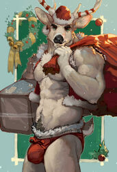 Rule 34 | 1boy, animal ears, antlers, bad id, bad tumblr id, bara, blush, bulge, carrying, carrying under arm, christmas, christmas wreath, cropped jacket, deer boy, deer ears, deer tail, feet out of frame, from side, fur-trimmed shorts, fur trim, furry, furry male, gift bag, hat, horns, inset border, large pectorals, looking at viewer, looking to the side, male focus, muscular, muscular male, original, pectorals, red hat, reindeer antlers, reindeer boy, rumlockerart, santa costume, santa hat, short hair, shorts, smile, solo, standing, tail, thick eyebrows, thick navel hair, wreath