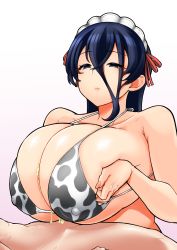 Rule 34 | 1boy, 1girl, absurdres, animal print, bikini, black hair, blue eyes, breasts, breasts squeezed together, closed mouth, clothed female nude male, commentary request, covered erect nipples, cow print, cum, cum on body, cum on breasts, cum on upper body, deep skin, ejaculation, eo masaka, hair between eyes, half-closed eyes, halterneck, hetero, highres, huge breasts, lips, long hair, looking at another, maid headdress, nude, original, paizuri, paizuri under clothes, solo focus, swimsuit, textless version