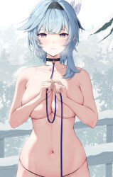 Rule 34 | 1girl, absurdres, armpit crease, asymmetrical hair, black choker, black hairband, blue hair, breasts, breath, choker, collarbone, covering privates, covering breasts, eula (genshin impact), forest, genshin impact, hair ornament, hairband, hands up, highres, holding, holding leash, large breasts, leash, looking at viewer, medium hair, nature, navel, outdoors, panties, parted lips, railing, rosumerii, skindentation, sky, snow, solo, stomach, topless, tree, underwear, white sky, yellow eyes