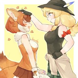 Rule 34 | 2girls, afterimage, animal ears, arm ribbon, black gloves, black hair, black tank top, blonde hair, blue eyes, blush, book, brown hair, brown skirt, brown vest, calenda (kemono friends), camouflage, camouflage shorts, clothes around waist, commentary request, cowboy shot, dhole (kemono friends), closed eyes, fingerless gloves, freckles, fur collar, glove bow, gloves, hair tie, hanada (cobalt003), hand on another&#039;s head, hat, hat feather, height difference, jacket, jacket around waist, kemono friends, kemono friends 3, long hair, looking at another, multicolored hair, multiple girls, open mouth, pleated skirt, red ribbon, ribbon, short hair, shorts, skirt, sleeveless, sun hat, tail, tail wagging, tank top, vest, white gloves, white hair, white vest, wolf ears, wolf tail
