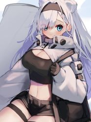 Rule 34 | 1girl, animal ears, arknights, aurora (arknights), aurora (elite ii) (arknights), bag, bear ears, black gloves, black hairband, black shorts, blue eyes, blush, breasts, cleavage, closed mouth, crop top, eyes visible through hair, gloves, hair ornament, hair over one eye, hairband, hairclip, highres, large breasts, long hair, long sleeves, looking at viewer, moti yousei, navel, short shorts, shorts, shoulder bag, shrug (clothing), silver hair, sitting, smile, solo, stomach, thigh strap, very long hair
