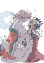 Rule 34 | 2girls, artoria pendragon (fate), artoria pendragon (lancer alter) (fate), artoria pendragon (lancer alter) (ox-demon king) (fate), blonde hair, blush, grabbing another&#039;s breast, breasts, earrings, fate/grand order, fate (series), fingering, florence nightingale (divine princess of the storm) (fate), florence nightingale (fate), grabbing, highres, horns, jewelry, large breasts, multiple girls, nejikyuu, nipples, pink hair, sketch, sweat, white background, wide sleeves, yuri