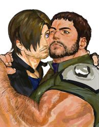 Rule 34 | 123456dyom, 2boys, absurdres, bara, black jacket, blue eyes, blue shirt, blush, chris redfield, facial hair, green shirt, highres, jacket, large pectorals, leon s. kennedy, looking at another, male focus, multiple boys, muscular, muscular male, one eye closed, open clothes, open jacket, pectorals, resident evil, resident evil 6, shirt, simple background, white background, yaoi