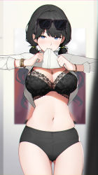 Rule 34 | 1girl, absurdres, black hair, blue eyes, blush, breasts, cleavage, clothes lift, eyewear on head, gluteal fold, highres, jewelry, large breasts, lingerie, long hair, long sleeves, looking at viewer, migu (iws2525), navel, necklace, original, shirt lift, solo, twintails, underwear