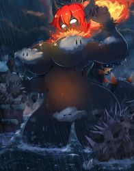 Rule 34 | 1girl, artbenbeau, bowsette, bracelet, breasts, censored nipples, cloud, cloudy sky, convenient censoring, dark skin, fire, fury bowser, giant, giantess, glowing, glowing eyes, hand up, highres, horns, jewelry, kaijuu, large breasts, mario (series), navel, new super mario bros. u deluxe, nintendo, ocean, rain, red hair, sky, spiked bracelet, spikes, standing, super mario 3d world, water, white eyes