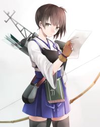 Rule 34 | 10s, 1girl, armor, arrow (projectile), bad id, bad pixiv id, black thighhighs, bow, bow (weapon), brown eyes, brown hair, cowboy shot, gloves, kaga (kancolle), kantai collection, looking at viewer, machinery, muneate, partially fingerless gloves, partly fingerless gloves, personification, ponytail, short hair, side ponytail, simple background, solo, thighhighs, tomari (veryberry00), weapon, white background, yugake, zettai ryouiki