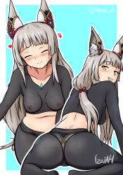 Rule 34 | 1girl, absurdres, animal ears, ass, blush, breasts, cat ears, come hither, from behind, grey hair, grin, highres, izaiah, long hair, looking at viewer, looking back, low twintails, medium breasts, naughty face, nia (blade) (xenoblade), nia (xenoblade), nipples, pantyhose, see-through, see-through shirt, shiny clothes, shiny skin, sideboob, smile, solo, thong, thong under pantyhose, twintails, very long hair, xenoblade chronicles (series), xenoblade chronicles 2
