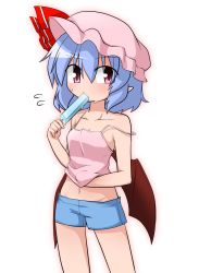 Rule 34 | 1girl, adapted costume, bare shoulders, bat wings, blue hair, blue shorts, blush, bow, breasts, camisole, cleavage, collarbone, contemporary, cowboy shot, dress, eating, flying sweatdrops, food, groin, hand under clothes, hat, hat bow, hat ribbon, highres, mob cap, navel, off shoulder, pink dress, pink eyes, pointy ears, popsicle, remilia scarlet, ribbon, short hair, short shorts, shorts, sleeveless, small breasts, solo, strap slip, sumiya nadateru, sweat, tank top, touhou, wings