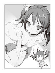 Rule 34 | &gt; &lt;, 1girl, ahoge, arms up, barefoot, between legs, border, breasts, chibi, chibi inset, closed eyes, closed mouth, clothes pull, collarbone, cum, cum on body, cum on breasts, cum on hair, cum on lower body, cum on upper body, dutch angle, facial, female focus, grey background, greyscale, hair ribbon, hand between legs, happy, highres, kikuchi seiji, kneeling, leaning forward, long hair, long sleeves, looking at viewer, mayo chiki!, medium breasts, miniskirt, monochrome, multiple views, open mouth, pleated skirt, ribbon, shirt, short shorts, shorts, shorts pull, simple background, skirt, smile, source request, thigh gap, topless, twintails, usami masamune, v arms, white border