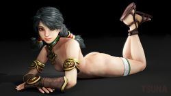 Rule 34 | 1girl, 3d, ass, breasts, butt crack, dark skin, feet, green hair, hat, highres, lying, namco, navel, nipples, nude, on stomach, sandals, soul calibur, talim, the pose, toes