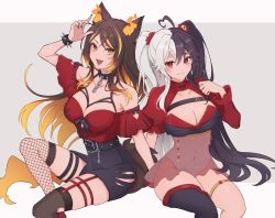 Rule 34 | 2girls, ahoge, animal ears, asymmetrical legwear, bare shoulders, belt, between breasts, black belt, black hair, black nails, black skirt, black thighhighs, bracelet, breasts, brown hair, chest strap, cleavage, closed mouth, collar, creator connection, fire, fishnet thighhighs, fishnets, hair between eyes, heart, heart ahoge, highres, indie virtual youtuber, invisible chair, jewelry, large breasts, leotard, long hair, looking at viewer, m1stm1, miniskirt, mismatched legwear, momote (vtuber), multicolored hair, multiple girls, nail polish, off-shoulder shirt, off shoulder, open mouth, orange hair, puffy short sleeves, puffy sleeves, red eyes, red shirt, red skirt, ribbon-trimmed sleeves, ribbon trim, second-party source, see-through, shirt, short sleeves, side slit, simple background, sinder (vtuber), sinder (vtuber) (1st costume), single thighhigh, sitting, skindentation, skirt, smile, spiked bracelet, spiked collar, spikes, streaked hair, tail, thigh strap, thighhighs, thighlet, thighs, torn clothes, torn legwear, twintails, two-tone hair, very long hair, virtual youtuber, white background, white hair, white leotard, wolf ears, wolf girl, wolf tail