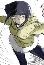 Rule 34 | 1girl, angry, arms up, battle, blue hair, breasts, byakugan, determined, fighting, fighting stance, forehead protector, hands up, hood, hoodie, hyuuga hinata, jacket, looking to the side, lowres, naruto, naruto (series), outstretched arms, pants, parted lips, serious, short hair, solo, standing, teeth, toshi (discussion), veins, white eyes