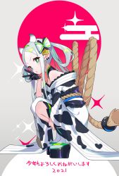 Rule 34 | + +, 1girl, 2021, absurdres, animal print, black gloves, blush stickers, bow, commentary, cow girl, cow horns, cow print, detached collar, diffraction spikes, dot nose, ear piercing, egasumi, eyes visible through hair, frills, full body, furisode, gloves, green eyes, hair bow, hair rings, half gloves, halftone, highres, horns, japanese clothes, kimono, long hair, long sleeves, looking at viewer, obi, off shoulder, okobo, open mouth, original, pelvic curtain, piercing, platform clogs, rope, sandals, sash, shimenawa, short eyebrows, sidelocks, single glove, sirama, solo, squatting, symbol-only commentary, tabi, translated, v, white hair