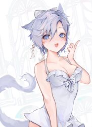 Rule 34 | 1girl, animal ears, warrior of light (ff14), bare shoulders, bow, breasts, cat ears, cat tail, cleavage, commentary, cowboy shot, dithyo, dress, facial mark, final fantasy, final fantasy xiv, highres, index finger raised, large breasts, looking at viewer, miqo&#039;te, open mouth, purple bow, purple dress, purple eyes, purple hair, short hair, sleeveless, sleeveless dress, solo, tail, whisker markings, white background