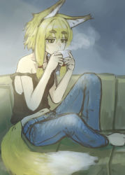 Rule 34 | 1girl, animal ears, barefoot, black tank top, blonde hair, breasts, commentary request, couch, cup, denim, fox ears, fox girl, fox tail, highres, holding, holding cup, jeans, medium breasts, mug, nito (nshtntr), off shoulder, original, pants, short hair with long locks, sidelocks, sitting, solo, steam, tail, tank top, thick eyebrows, yellow eyes