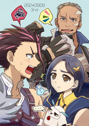 ... 1girl 2boys ? armor bird black_hair blue_background blue_eyes blue_hood blush brown_eyes confused dated diagonal_striped_background embarrassed facial_hair furrowed_brow fururu_(tales) gauntlets goatee grey_hair hair_ornament hair_slicked_back hand_on_own_chin highres hood hood_down kiyou_sumomo law_(tales) looking_at_another multiple_boys open_mouth owl rinwell_(tales) scar scar_on_face shirt short_hair shoulder_armor simple_background spoken_ellipsis spoken_notice_lines spoken_question_mark spoken_squiggle squiggle stroking_own_chin sweat tales_of_(series) tales_of_arise thick_eyebrows v-shaped_eyebrows yellow_shirt zephyr_(tales)