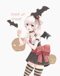 Rule 34 | 1041231885, 1girl, bare shoulders, bat (animal), black hat, blue eyes, dress, fang, hair between eyes, halloween, halloween costume, hat, highres, honkai (series), honkai impact 3rd, jewelry, looking at viewer, necklace, open mouth, pumpkin, side ponytail, sleeveless, solo, striped clothes, striped thighhighs, theresa apocalypse, thighhighs, white background, white hair