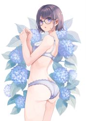 Rule 34 | 1girl, :o, akira (mr akira), ass, bare arms, bare shoulders, black-framed eyewear, blush, bra, breasts, cowboy shot, floral background, flower, from side, glasses, hands up, highres, hydrangea, looking at viewer, looking to the side, medium breasts, open mouth, original, own hands together, panties, purple eyes, purple hair, short hair, solo, thighs, underwear, underwear only, wedgie, white bra, white panties