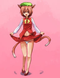 Rule 34 | 1girl, animal ears, bad id, bad pixiv id, cat ears, cat girl, cat tail, chen, china dress, chinese clothes, clothes lift, dress, earrings, female focus, hat, jewelry, midriff, multiple tails, navel, panties, ribbon, shibasaki shouji, skirt, skirt lift, solo, tail, touhou, underwear, upskirt