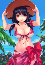Rule 34 | 10s, 1girl, ahoge, black hair, blue sky, blush, breasts, cleavage, cloud, commentary request, day, funitarefu, hat, kantai collection, large breasts, long hair, looking at viewer, low twintails, navel, open mouth, outdoors, palm tree, ryuuhou (kancolle), sarong, sky, smile, solo, standing, sun hat, swimsuit, taigei (kancolle), tree, twintails