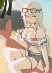 Rule 34 | 1girl, absurdres, arknights, bare shoulders, blue choker, blue shorts, breasts, choker, cleavage, commentary, eyewear on head, feet out of frame, hair between eyes, hand up, highres, large breasts, long hair, looking at viewer, midriff, navel, no headwear, off-shoulder shirt, off shoulder, official alternate costume, red (aba02), red eyes, shirt, short shorts, short sleeves, shorts, silver hair, sitting, skadi (arknights), skadi (waverider) (arknights), solo, stomach, sunglasses, thigh strap, thighs, very long hair, white shirt