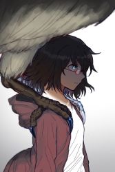 Rule 34 | 1girl, animal, bad id, bad twitter id, bird, black hair, claws, coat, eagle, glasses, highres, kamikoshi sorawo, name connection, shadow, short hair, simple background, solo, standing, standing on shoulder, transparent claw, upper body, urasekai picnic