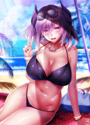 Rule 34 | anchor necklace, azur lane, beach, bikini, black bikini, bracelet, breasts, cleavage, collarbone, commentary request, commission, day, eyewear on head, hair between eyes, highres, jewelry, kirishima (azur lane), kirishima (summery audacity) (azur lane), large breasts, lens flare, looking at viewer, medium hair, nail polish, navel, necklace, ocean, official alternate costume, open mouth, outdoors, palm tree, pixiv commission, purple eyes, purple hair, shiny skin, sky, smile, solo, sunglasses, swimsuit, tree, yuuzuki hijiri