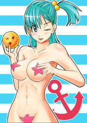 Rule 34 | 1girl, anchor, areola slip, blue eyes, blue hair, blush, breasts, bulma, colored pubic hair, cowboy shot, dragon ball, dragon ball (object), female pubic hair, green hair, green pubic hair, groin, hair bobbles, hair ornament, happy, holding, jeibii, large breasts, looking at viewer, maebari, matching hair/eyes, navel, nipples, nude, one eye closed, open mouth, pasties, pubic hair, pubic hair peek, seductive smile, side ponytail, simple background, smile, solo, star maebari, star pasties, striped, striped background, wink
