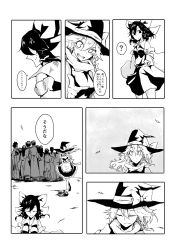 bow braid comic detached_sleeves greyscale hair_bow hair_ribbon hair_tubes hakurei_reimu hat hat_bow highres hisany-spacecrayon kirisame_marisa long_hair monochrome monochrome necktie ribbon short_hair touhou translation_request witch_hat