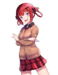 Rule 34 | &gt;:d, 10s, 1girl, :d, \m/, artist name, bat hair ornament, black shirt, cardigan, crossed arms, evil smile, fang, gabriel dropout, hair ornament, hair rings, highres, looking at viewer, necktie, open mouth, purple eyes, red hair, rizihike, satanichia kurumizawa mcdowell, school uniform, shirt, skirt, smile, smug, solo, v-shaped eyebrows, white background