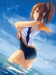 Rule 34 | 10s, 1girl, bad id, bad pixiv id, brown eyes, brown hair, clothes lift, day, i-401 (kancolle), kantai collection, light rays, nunucco, personification, profile, sailor collar, school swimsuit, shirt lift, short hair, short ponytail, sky, solo, sunbeam, sunlight, swimsuit, swimsuit under clothes, wading, water