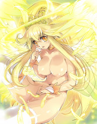 Rule 34 | 10s, 1girl, blonde hair, breasts, cleft of venus, crown, cure peace, cure peace (princess form), hair flaps, hisahiko, kise yayoi, large breasts, long hair, navel, nipples, nude, open mouth, orange eyes, precure, puffy nipples, pussy, smile precure!, solo, thighhighs, uncensored, very long hair, white thighhighs, wings, yellow theme