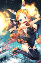 Rule 34 | 1girl, bare shoulders, black thighhighs, blue eyes, breasts, cleavage, detached collar, dual wielding, garter straps, gun, handgun, holding, jack-o&#039;-lantern, large breasts, long hair, looking at viewer, necktie, open mouth, orange hair, original, smile, solo, thighhighs, weapon, yamacchi