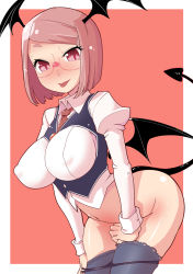 Rule 34 | 1girl, :p, alternate hair length, alternate hairstyle, bespectacled, black thighhighs, blush, bottomless, breasts, demon girl, demon tail, demon wings, framed breasts, glasses, hair ornament, hairclip, head wings, koakuma, large breasts, leaning forward, long hair, long sleeves, looking at viewer, maru-sun, navel, necktie, no pants, panties, panty pull, red eyes, red hair, red necktie, shirt, smile, solo, tail, thighhighs, tongue, tongue out, touhou, underwear, vest, white shirt, wings