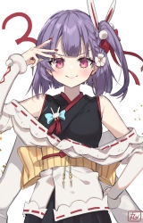 Rule 34 | 1girl, animal ears, anniversary, bare shoulders, bow, braid, chibirisu, fake animal ears, flower, hair bow, hair flower, hair ornament, hand on own hip, hand up, highres, japanese clothes, nail polish, obi, off shoulder, one side up, purple hair, rabbit ears, red eyes, red nails, sash, short hair, simple background, single braid, solo, symbol in eye, tenjin kotone, tenjin kotone (channel), virtual youtuber, white background