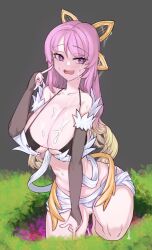 Rule 34 | 1girl, blush, breasts, bridal gauntlets, collarbone, cosplay, cum, cum on body, cum on breasts, cum on pussy, cum on upper body, dosolfachord coolia, duel monster, elbow gloves, gloves, gransolfachord coolia, grass, hand in hand (vocaloid), hand up, highres, large breasts, open mouth, purple eyes, purple hair, solo, sweat, tartarie, traptrix rafflesia, traptrix rafflesia (cosplay), yu-gi-oh!