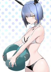 Rule 34 | + +, 1girl, azur lane, ball, bare shoulders, beachball, bikini, black bikini, black bikini bottom, blue hair, blue nails, breasts, cleavage, collar, commentary, cowboy shot, cross, cross-shaped pupils, cross necklace, frilled collar, frills, from side, gascogne (azur lane), gascogne (tropical environs acclimation service equipment) (azur lane), headgear, highres, holding, holding ball, holding beachball, jewelry, looking at viewer, medium breasts, multicolored hair, necklace, official alternate costume, oregano (olgn eao), pout, short hair, solo, streaked hair, swimsuit, symbol-shaped pupils, two-tone bikini, white bikini, yellow eyes