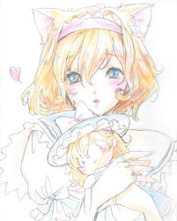 Rule 34 | 1girl, alice margatroid, animal ears, bad id, bad pixiv id, blonde hair, blue eyes, cat ears, cat girl, character doll, chocoice000, colored pencil (medium), doll, female focus, hairband, heart, holding, jewelry, kirisame marisa, ring, short hair, solo, touhou, traditional media