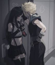 Rule 34 | ..., 1boy, 1girl, 234 (1234!), ?, against door, armor, bad id, bad twitter id, bandaged arm, bandages, black hair, black skirt, black thighhighs, blonde hair, blush, breasts, cloud strife, elbow gloves, final fantasy, final fantasy vii, final fantasy vii remake, fingerless gloves, gloves, hand on own hip, height difference, highres, kabedon, large breasts, long hair, low-tied long hair, midriff, pauldrons, pleated skirt, red eyes, shoulder armor, single pauldron, single vambrace, skirt, spoken ellipsis, spoken question mark, sports bra, suspender skirt, suspenders, thighhighs, tifa lockhart, vambraces, zettai ryouiki