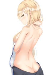 Rule 34 | 1girl, aiz wallenstein, ass, back, backless dress, backless outfit, bare back, blonde hair, blush, breasts, butt crack, dress, dungeon ni deai wo motomeru no wa machigatteiru darou ka, hair over breasts, highres, kanata (kanade pa), large breasts, long hair, looking at viewer, looking back, medium breasts, simple background, solo, standing, topless, undressing, yellow eyes