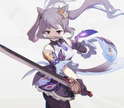 Rule 34 | 1girl, bare shoulders, black pantyhose, braid, breasts, cone hair bun, covering own mouth, cowboy shot, detached sleeves, flower, frills, genshin impact, gloves, hair bun, hair flower, hair ornament, highres, holding, holding sword, holding weapon, karoro, keqing (genshin impact), long hair, medium breasts, pantyhose, purple eyes, purple gloves, purple hair, purple skirt, simple background, skirt, solo, sword, twintails, weapon, white background