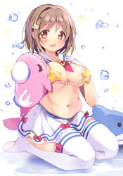 Rule 34 | 1girl, blush, breasts, brown eyes, brown hair, bubble, chocho (homelessfox), cleavage, cosplay, gloves, hair ornament, hand on own chest, idolmaster, idolmaster cinderella girls, jewelry, large breasts, looking at viewer, matching hair/eyes, mimura kanako, navel, necklace, no shoes, open mouth, pasties, plump, sailor collar, short hair, skirt, smile, solo, star pasties, stuffed animal, stuffed dolphin, stuffed toy, super sonico, super sonico (cosplay), thighhighs, white gloves, white thighhighs