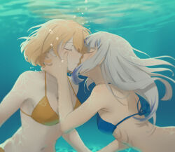 Rule 34 | 2girls, absurdres, air bubble, back, bikini, blonde hair, blue bikini, blue hair, blush, breasts, bubble, closed eyes, face-to-face, gawr gura, grey hair, gygerbeen rtl06, hand on another&#039;s cheek, hand on another&#039;s face, highres, hololive, hololive english, imminent kiss, large breasts, long hair, multicolored hair, multiple girls, navel, nose blush, ocean, orange bikini, parted lips, short hair, small breasts, streaked hair, submerged, swimsuit, underwater, virtual youtuber, watson amelia, yuri