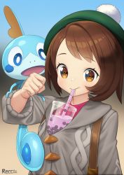 Rule 34 | 1girl, absurdres, artist name, backpack, bag, blush, brown bag, brown eyes, brown hair, bubble tea challenge, cardigan, clenched hand, collared dress, commentary request, creatures (company), cup, disposable cup, dress, drinking, drinking straw, drinking straw in mouth, eyelashes, game freak, gen 8 pokemon, gloria (pokemon), green headwear, grey cardigan, hand up, hat, highres, nintendo, pink dress, pokemon, pokemon (creature), pokemon on arm, pokemon swsh, reccu, short hair, smile, sobble, tam o&#039; shanter