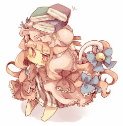 Rule 34 | 1girl, :&lt;, animal ears, bad id, bad pixiv id, bell, blush, book, book on head, bow, cat ears, cat girl, cat tail, chibi, dress, female focus, full body, hair bow, hat, kemonomimi mode, long hair, masirosu, object on head, patchouli knowledge, pink dress, pink eyes, pink hair, solo, standing, tail, touhou, very long hair, white background