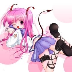 Rule 34 | 10s, 1girl, ahoge, angel beats!, ankle lace-up, belt, cross, cross-laced footwear, demon tail, female focus, long hair, one eye closed, pink eyes, pink hair, sasaka yayoi, school uniform, serafuku, short twintails, skirt, solo, tail, thigh strap, twintails, two side up, wink, yui (angel beats!)